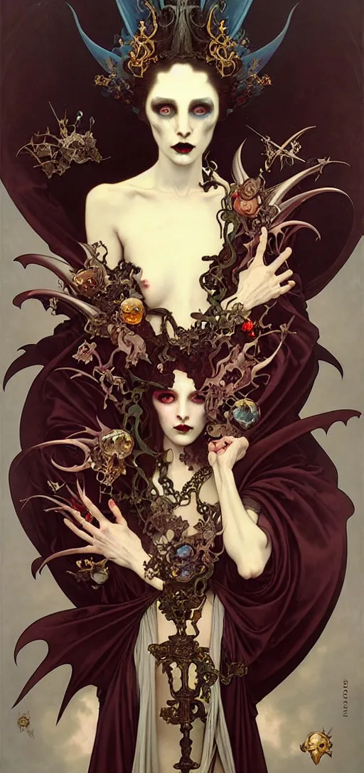 Prompt: baroque oil painting portrait of vampire queen in gothic robes with bat wings, by peter mohrbacher, alphonse mucha, brian froud, yoshitaka amano, kim keever, victo ngai, james jean