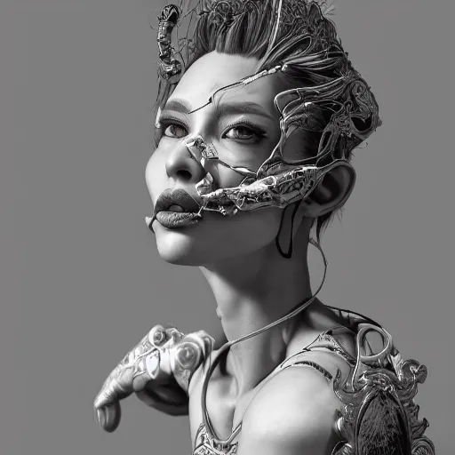 Prompt: the portrait of an absurdly beautiful, graceful, elegant, sophisticated, fashionable cyberpunk gravure idol, an ultrafine hyperdetailed illustration by kim jung gi, irakli nadar, intricate linework, bright colors, porcelain skin, unreal uni engine 5 highly rendered, cgsociety, global illumination, radiant light, detailed and intricate environment