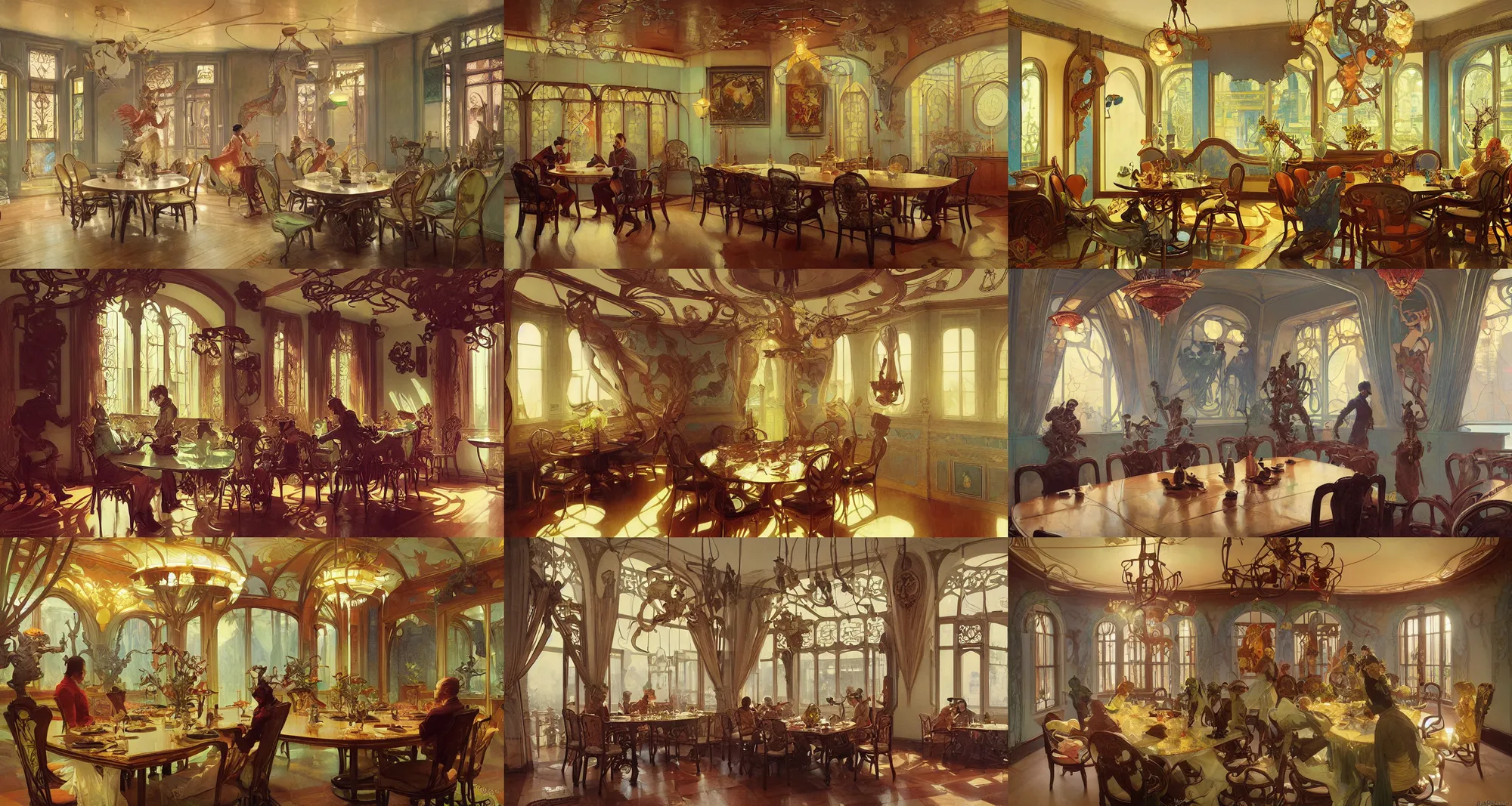 Prompt: dinner room, art nouveau architecture, art by joseph leyendecker, peter mohrbacher, ivan aivazovsky, ruan jia, reza afshar, marc simonetti, alphonse mucha