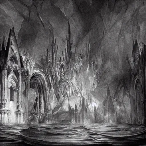 Image similar to an underwater gothic cathedral at the bottom of the ocean populated by mermaids, in the style of arnold bocklin francisco goya william blake and kentaro miura, dark and scary abyssal ambient, utradetailed, matte painting, smooth zenithal lighting, epic masterpiece,