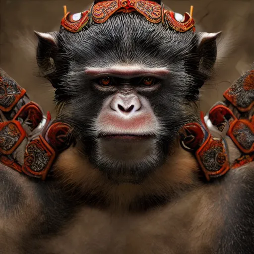 Image similar to The Chinese Zodiac sign of monkey warrior, traditional Chinese textures, hyper detail, Unreal engine,Octane render, by Brooke Shaden