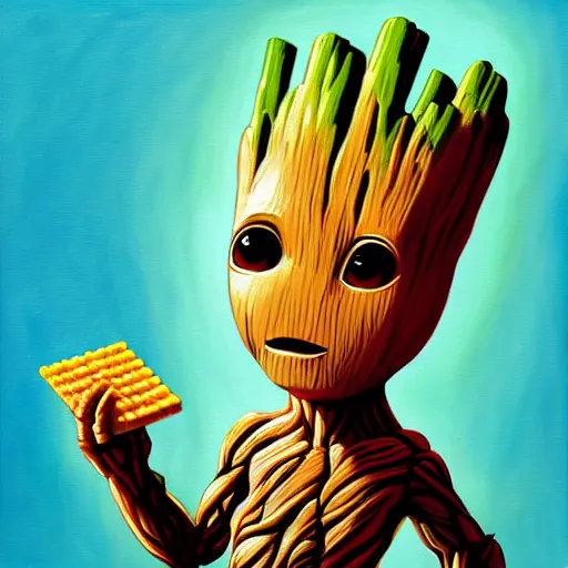 Prompt: painting of Baby Groot holding oversized piece of Matzah in his hand, trending on artstation