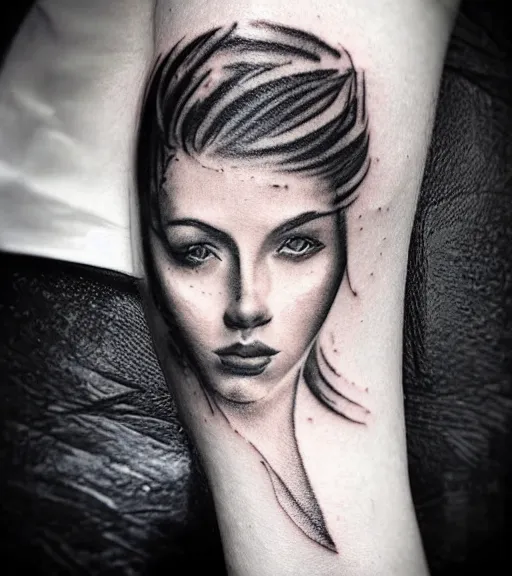 Prompt: tattoo design sketch of a beautiful woman face with a faded background of beautiful mountains on her side, hyper - realistic, double exposure effect, in the style of den yakovlev, amazing detail, black and white, faded