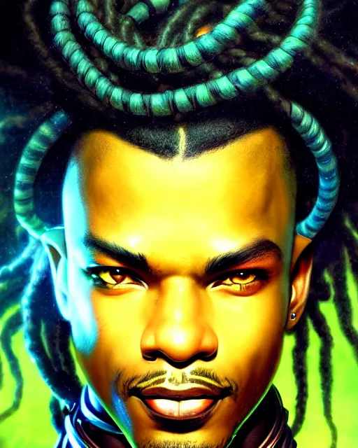 Image similar to lucio from overwatch, dreadlocks, fantasy, fantasy art, character portrait, portrait, close up, highly detailed, intricate detail, amazing detail, sharp focus, vintage fantasy art, vintage sci - fi art, radiant light, caustics, by boris vallejo