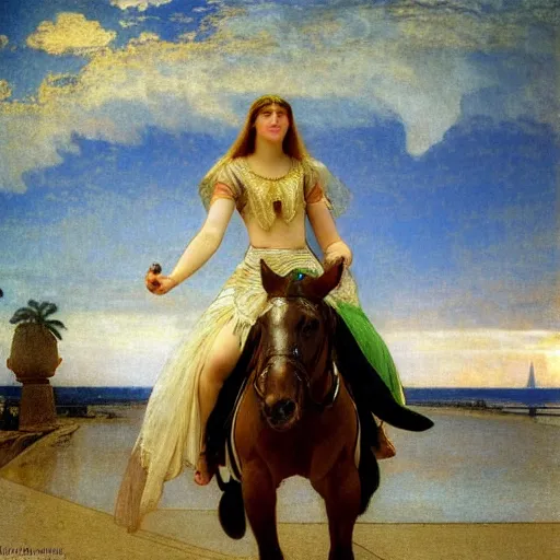 Image similar to Girl riding a horse leaving the castle through the bridge, thunderstorm, beach and palm trees on the background major arcana sky, by paul delaroche, alphonse mucha and arnold böcklin arnold böcklin hyperrealistic 8k, very detailed