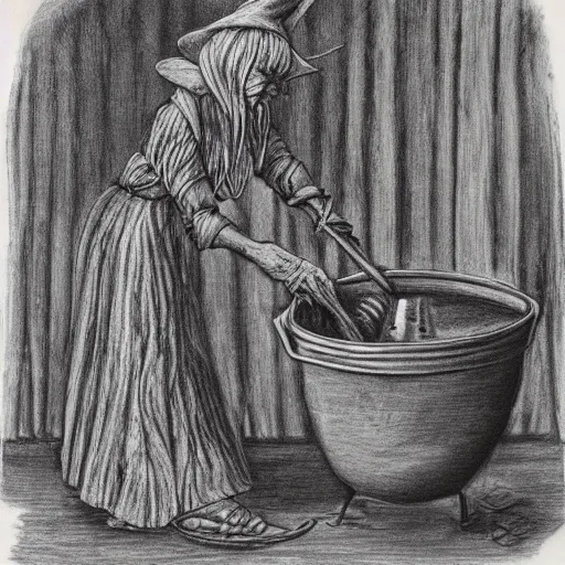 Prompt: An old wrinkled witch stirring her cauldron. Art made with red chalk on paper mounted on board.