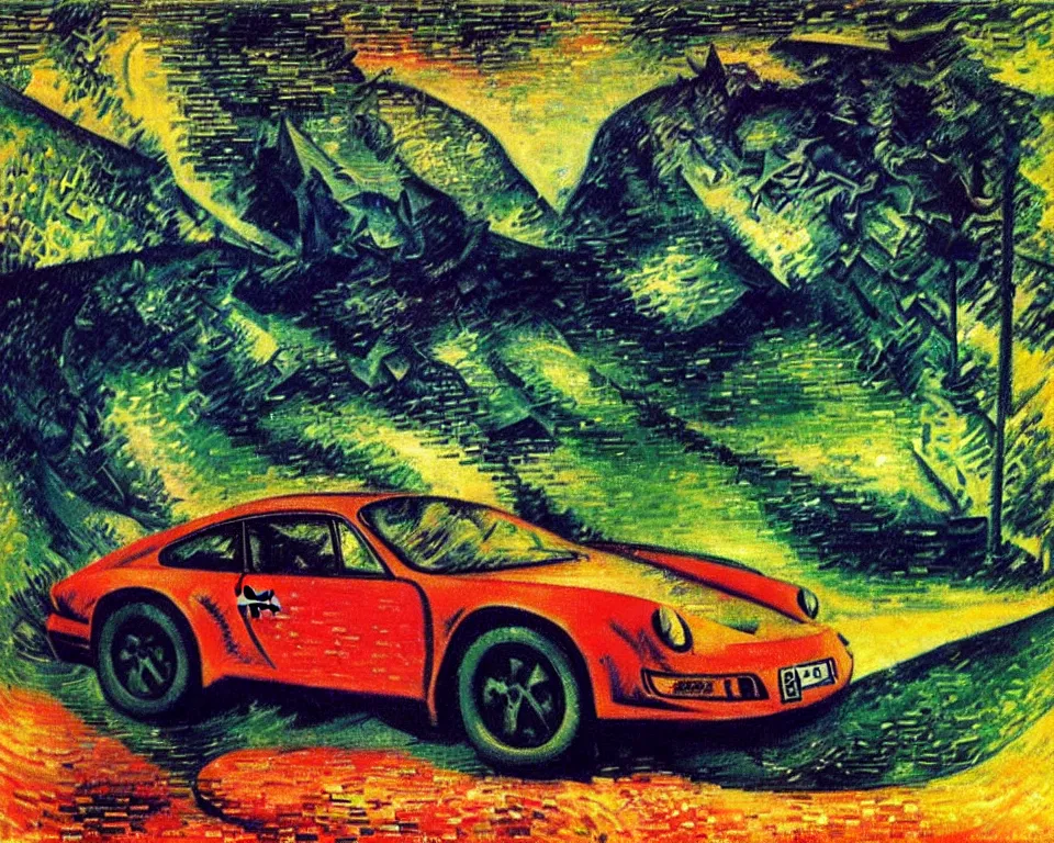 Image similar to a porsche in a monsoon by umberto boccioni. detailed, proportional, romantic, enchanting, achingly beautiful, graphic print, trending on artstation, jungle, tropical, foliage