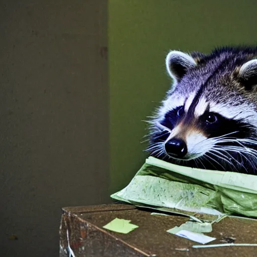 Image similar to green - tinted night vision footage of a family of raccoon digging through a gigantic mound of trash and papers and junk