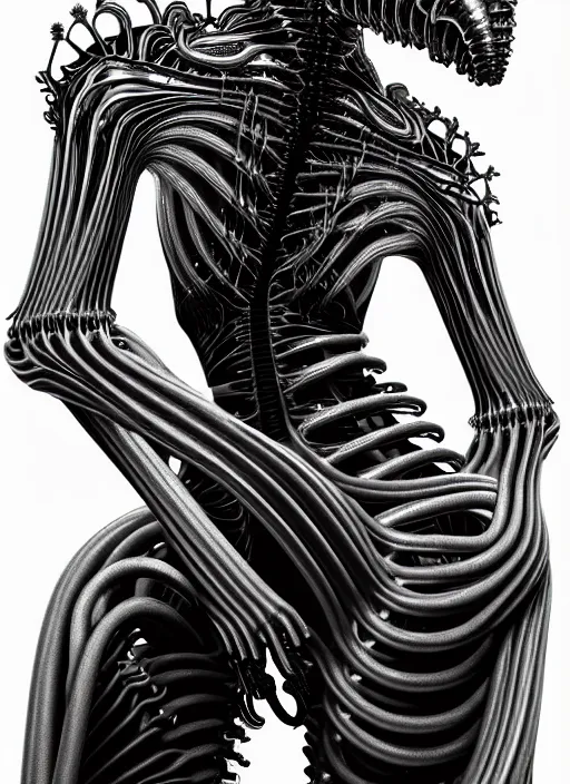 Image similar to iris van herpen gothic inflateble dark dress, perfect symmetrical body, helmet on face, full body shot, alien, plant predator, guyver, giger, wires, tubes, veins, jellyfish, white biomechanical details, wearing epic bionic cyborg implants, masterpiece, intricate, biopunk, vogue, highly detailed, artstation, concept art