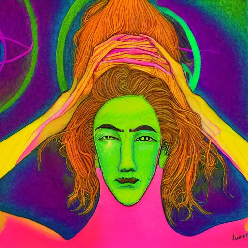 Image similar to a psychedelic illustration of my lehrman doing yoga, medium long brown orange hair, green eyes, round face, thin eyebrows, modern art, purple, pink, green, yellow, orange, dramatic, intricate, detailed, art by famous artist