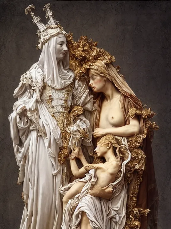 Image similar to a beautiful render of baroque catholic veiled sculpture, the red queen and the white queen pieta, with symmetry intricate detailed,by Lawrence Alma-Tadema, peter gric,aaron horkey,Billelis,trending on pinterest,hyperreal,jewelry,gold,intricate,maximalist,glittering,golden ratio,cinematic lighting