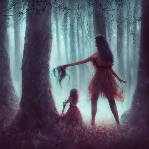 Image similar to sensual woman and her daughter making a sacrifice in a magical forest by leesha hannigan, fantasy, highly detailed faces, magical forest, pond, fog, digital art, artwork