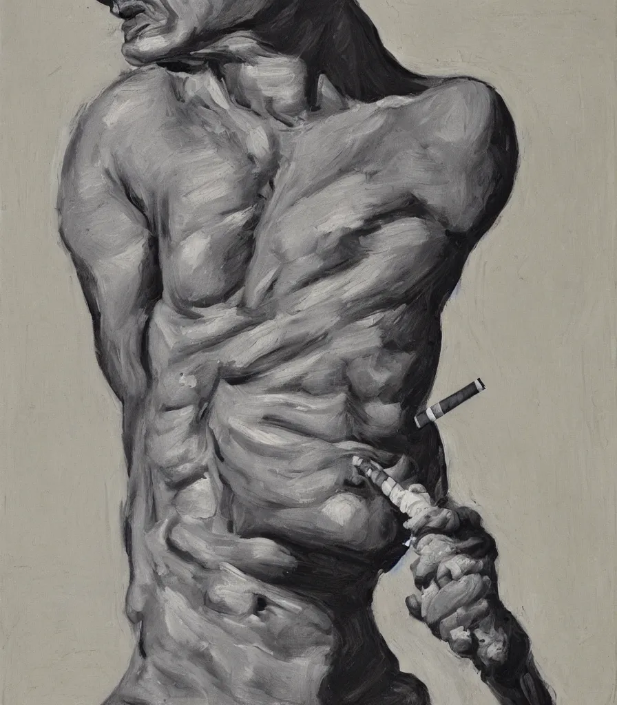 Image similar to the face and shoulders of a young politican without shirt in the style of lucian freud. smoking a cigarette. one hand is reaching behind he head. face has many wrinkles, cuts and character. he is looking down. oil painting, thick brush strokes. shadows. clean gray brown background. lit by a single light from above his head. perspective from below. 5 0 mm