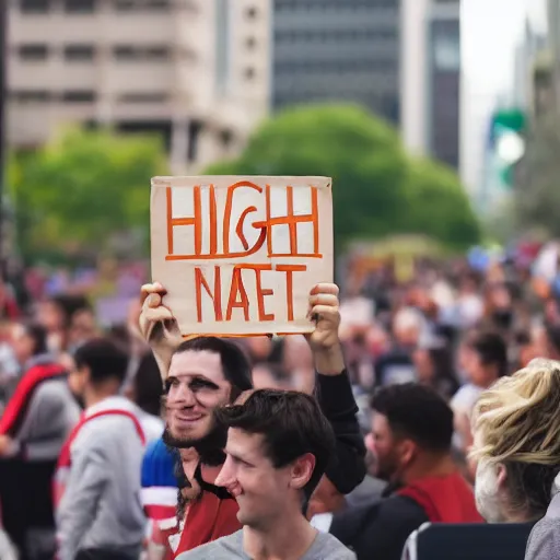 Prompt: photograph of smiling man holding a protest sign saying'2 + 2 = 3 lol 😂 ', high detail, 8 k resolution