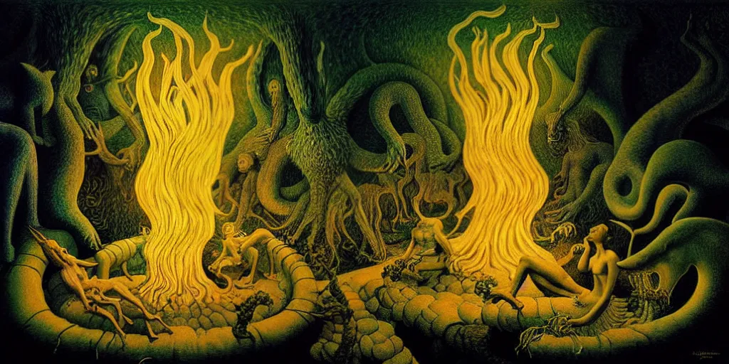 Image similar to mythical creatures and monsters in the imaginal realm of the collective unconscious, dramatic lighting glow from giant fire, in a dark surreal painting by johfra, mc escher and ronny khalil