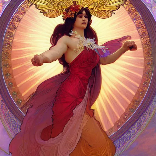 Prompt: a beautiful orchid phoenix angel woman, in an ornamented dress with large, volumetric light, god rays, 8 k high resolution, rubies, by alphonse mucha, artgerm, greg rutkowski