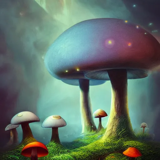 Prompt: surreal mushroom realm, multidimensional, fantasy, trending on artstation, beautiful, landscape, weird