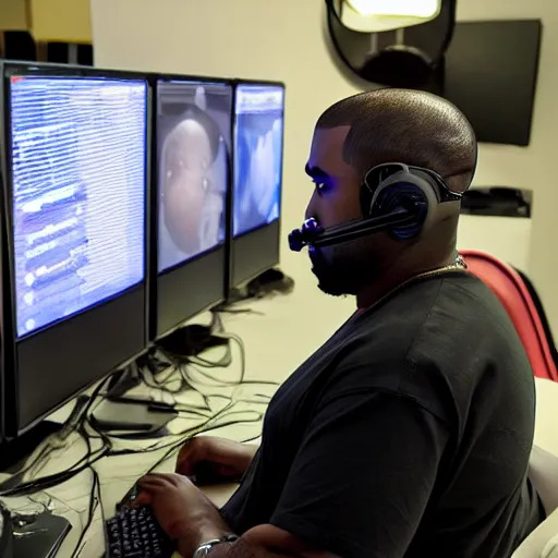 Image similar to obese Kanye West wearing a headset yelling at his monitor while playing WoW highly detailed wide angle lens 10:9 aspect ration award winning photography