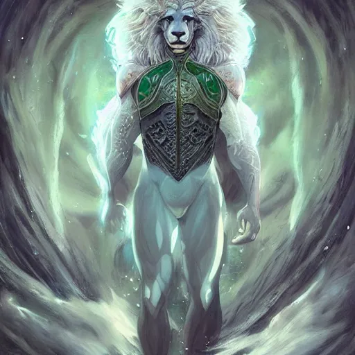 Image similar to aesthetic portrait commission of a albino muscular and attractive anthro lion with mane turning into green cosmic smoke while wearing an attractive pastel greek jeweled outfit floating inside a floating palace in the clouds, minimalistic art, hyperdetailed. Character design by charlie bowater, ross tran, artgerm, and makoto shinkai, detailed, inked, western comic book art, 2021 award winning painting