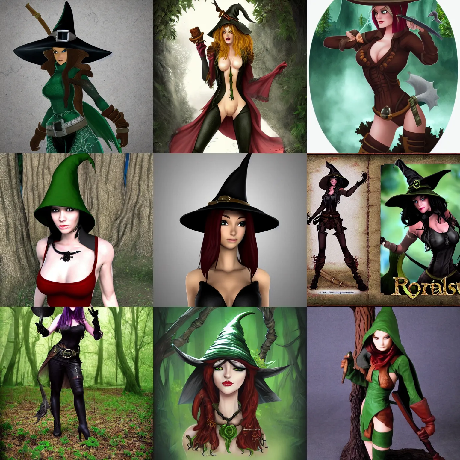 Prompt: fantasy rogue female, witch hat, forest