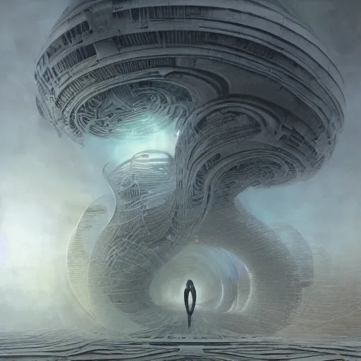 Image similar to inside epic futuristic structure by raymond swanland and zdzisław beksinski, highly detailed