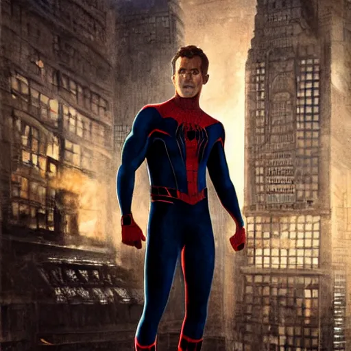 Image similar to ryan reynolds as spider - man, wearing a black and blue suit, cinematic, volumetric lighting, f 8 aperture, cinematic eastman 5 3 8 4 film, photorealistic by greg rutkowski, by stanley artgerm, by alphonse mucha