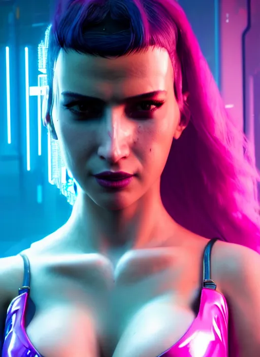Prompt: half - body portrait of cyberpunk 2 0 7 7 young woman, frank latex mini dress, big breasts push up top, beautiful face, short pink hair, glowing neon foggy background, extremely detailed, heavy grain, 5 0 mm bokeh, rtx reflections, unreal engine, octane render, art by artgerm and greg rutkowski and magali villeneuve