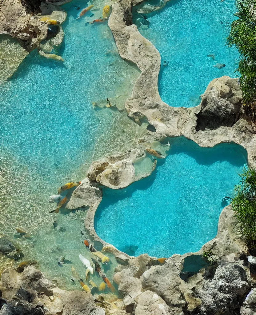 Prompt: endless travertine pools filled with koi fish and sea turtles, birds eye view, bright blue glowing water, magical