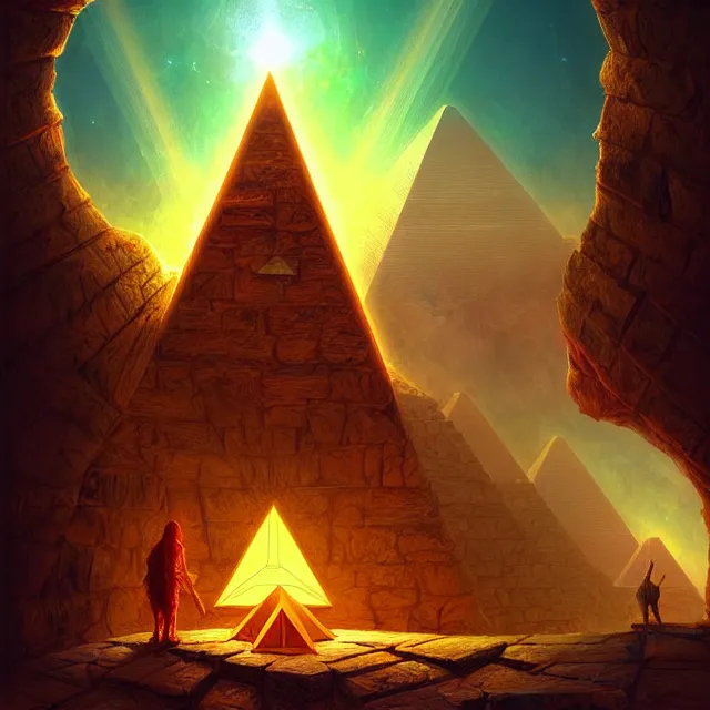 Image similar to the illuminati eye opening up from inside a pyramid, a fantasy magical landscape seen in the distance, atmospheric lighting, intricate, volumetric lighting, beautiful, sharp focus, ultra detailed, in the art style of marc simonetti, bowater charlie and brom gerald, astrophotography