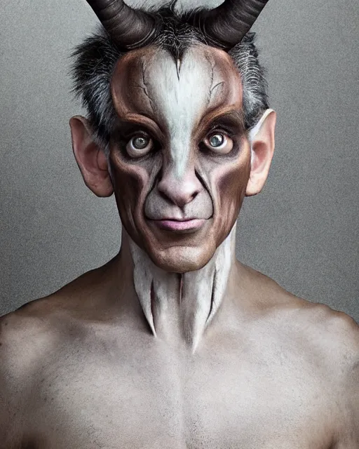 Image similar to Mauricio Macri in Elaborate Pan Satyr Goat Man Makeup and prosthetics designed by Rick Baker, Hyperreal, Head Shots Photographed in the Style of Annie Leibovitz, Studio Lighting