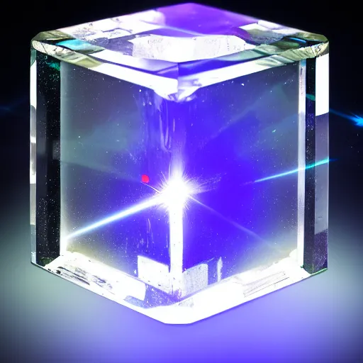 Prompt: ultrarealistic photograph of a very clear and clean crystal glass cube with a high powered white laser shooting light and dispersing full spectrum light beautifully into onto the surrounding surfaces, light dispersion, light effects, photography, 4 k