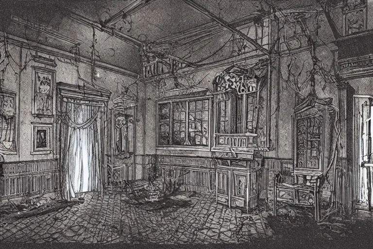 Prompt: full - color photo of the interior of a spooky haunted mansion at night. the interior architecture and layout are illogical, surreal, bizarre, complicated, and labyrinthine. there is a faintly - visible victorian ghost lurking.