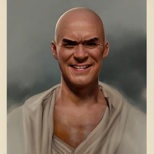 Image similar to a head - on detailed oil portrait of a round - faced bald male monk with a friendly smile, by charlie bowater, lise deharme, wlop, trending on artstation, dungeon and dragons art, critical role