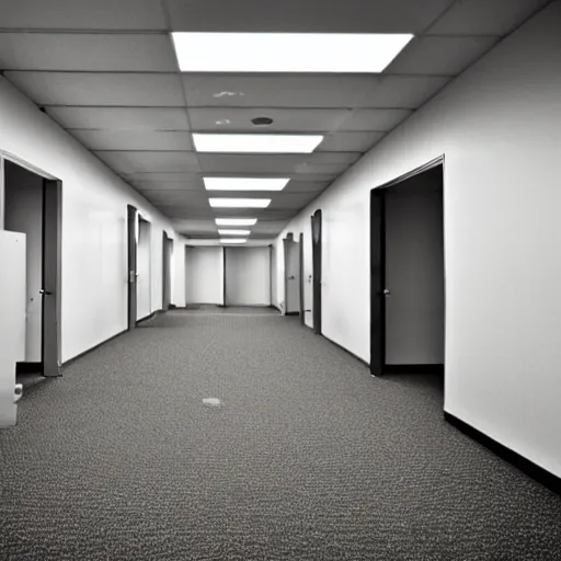 Image similar to the backrooms : an endless maze of randomly generated office rooms and other environments. it is characterized by the smell of moist carpet, walls with a monochromatic tone of dirty off - white, 1 9 8 0's style carpeted walls and buzzing fluorescent lights % 5 0 working, general sense of run down and abandonment, pee stains on walls