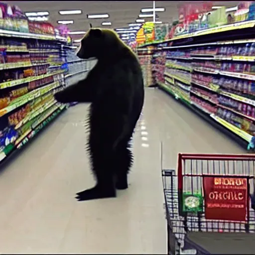 Prompt: beautiful grainy, blurry CCTV footage of a bear inside a supermarket