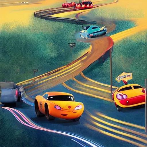 Image similar to A beautiful art installation. We are racers on an endless highway, driving at each other at high speeds, deciding whether or not to turn away at the last minute. Pixar's 'Up' by Andrea Kowch composed, balmy