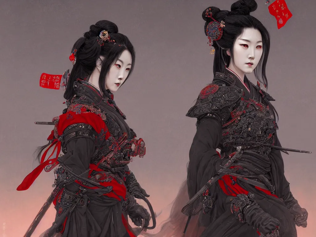 Prompt: portrait dark grey hair han so hee female samurai, wearings black and red samurai armor, at jaapnese temple night, ssci - fi and fantasy, intricate and very very beautiful and elegant, highly detailed, digital painting, artstation, concept art, smooth and sharp focus, illustration, art by tian zi and wlop and alphonse mucha