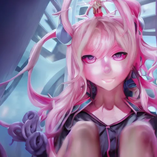 Image similar to engulfed and overpowered by stunningly absurdly beautiful megalomaniacal omnipotent asi goddess junko enoshima with symmetrical perfect face, porcelain skin, pink twintail hair and cyan eyes, trapped inside her inescapable prison, ultra detailed, digital art, unreal engine 5, octane render, 2 d anime, 8 k