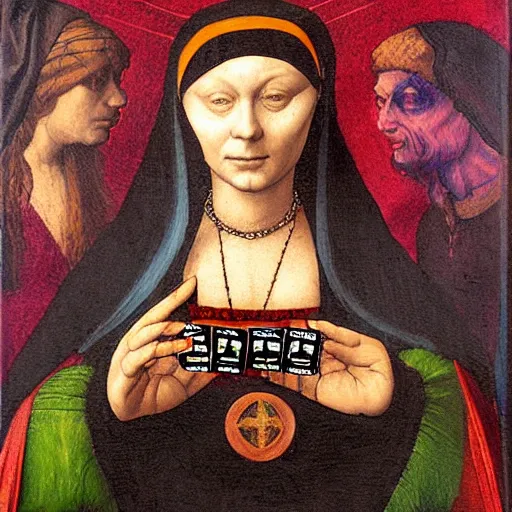 Image similar to an oil painting of a renaissance fortune teller with tarot cards in the style of Leonardo DaVinci
