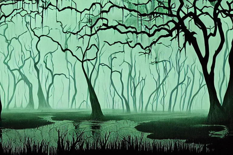 Prompt: a gothic landscape of a louisiana swamp by eyvind earle