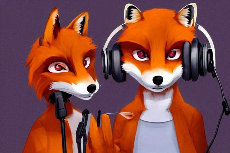 Prompt: an anthropomorphic fox wearing headphones and speaking into a high - end microphone in a recording studio., trending on artstation, anime, furry art, trending on furaffinity