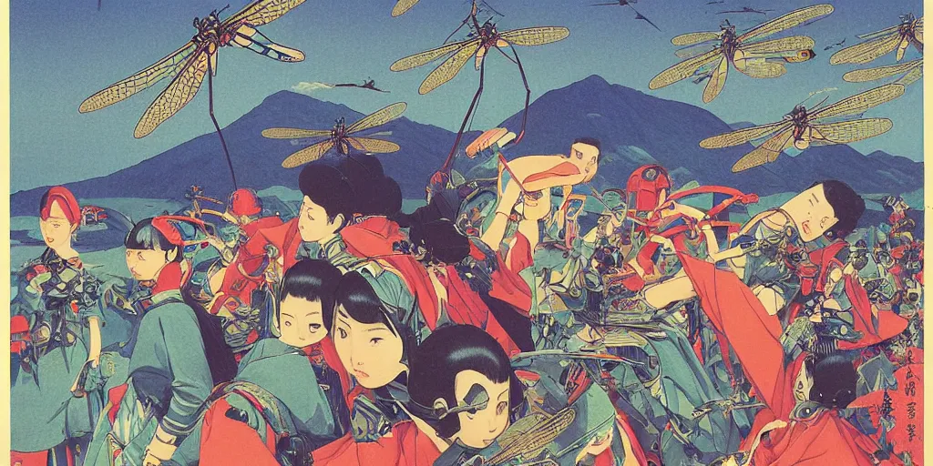 Image similar to gigantic dragonflies with human faces catch tiny robots, a lot of exotic mechas robots around, human heads everywhere, risograph by kawase hasui, edward hopper, satoshi kon and moebius, no text!, colorful flat surreal design, super - detailed, a lot of tiny details, fullshot