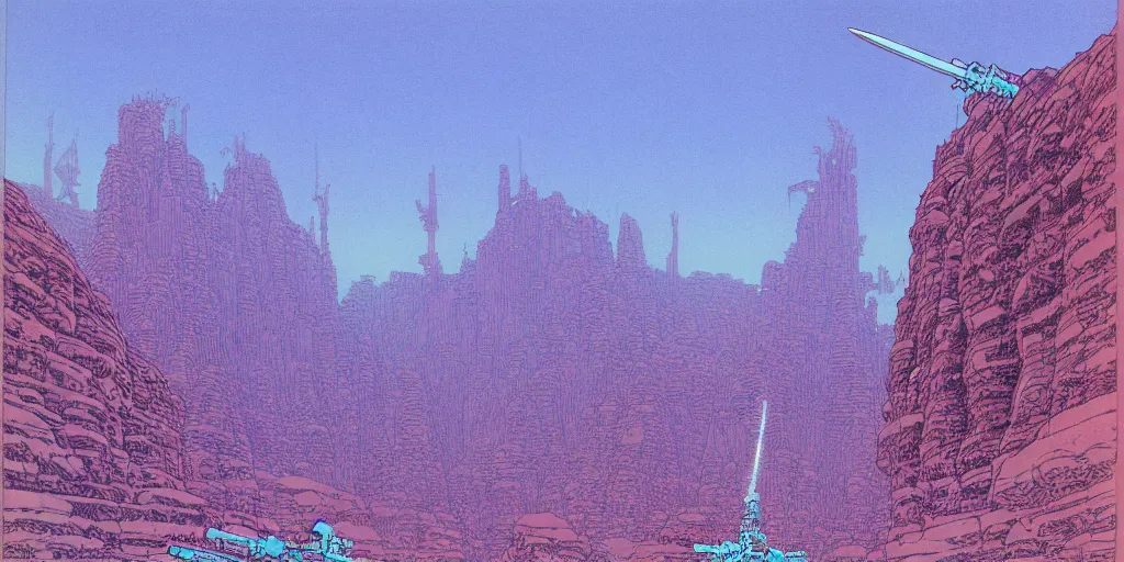 Image similar to grainy risograph matte painting of gigantic huge mech with huge swords, pastel matte colors, staying in the toxic blue canyon, by moebius, hyperrealism, intricate detailed