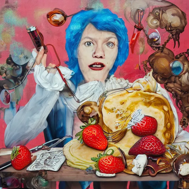 Image similar to a portrait in a dumpster, a woman holding pancakes, honey dripping, berries dripping, strawberries, scientific instruments, ikebana, octopus, neo - expressionism, surrealism, acrylic and spray paint and oilstick on canvas