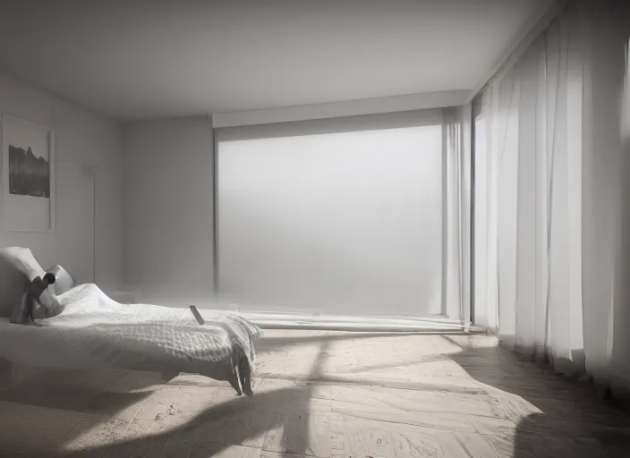 Image similar to photography of a Jack Russel watching outside the window on a bed in a 3d rendered white room, octane render, 3d, foggy, volumetric light, volumetric fog, photorealistic, unreal engine 5