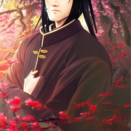 Prompt: a portrait of a young handsome Chinese prince, long black hair, golden eyes, elegant, intricate, backlit, incredible lighting, strong rim light, subsurface scattering, realistic anime, epic beautiful landscape, cherry trees, highly detailed, god rays, digital painting, by Heise Jinyao, Heise-Lian Yan Fang, Feimo, Rossdraws, HDRI, vivid colors, high contrast, 8k