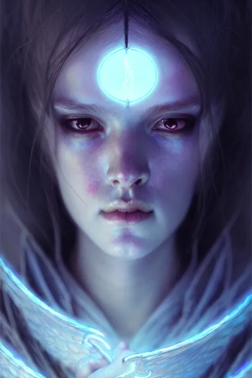 Prompt: beautiful necromancer girl, angels, wonderful eyes, three - dimensional rendering, hyperrealistic detailed portrait holding light and electricity, ruan jia, clap. scifi, fantasy, magic the gathering, over - detailed, octane rendering, concept art by artgerm, peter murbacher, detailed and complex environment