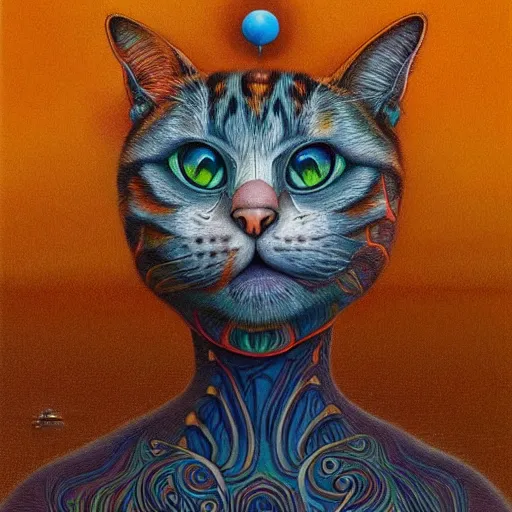 Image similar to a cat having an ego trip, by alex grey, by Esao Andrews and Karol Bak and Zdzislaw Beksinski and Zdzisław Beksiński, trending on ArtStation