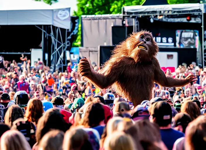 Prompt: photo still of sasquatch on stage at vans warped tour!!!!!!!! at age 4 8 years old 4 8 years of age!!!!!!! throwing rocks and berries at the crowd, 8 k, 8 5 mm f 1. 8, studio lighting, rim light, right side key light