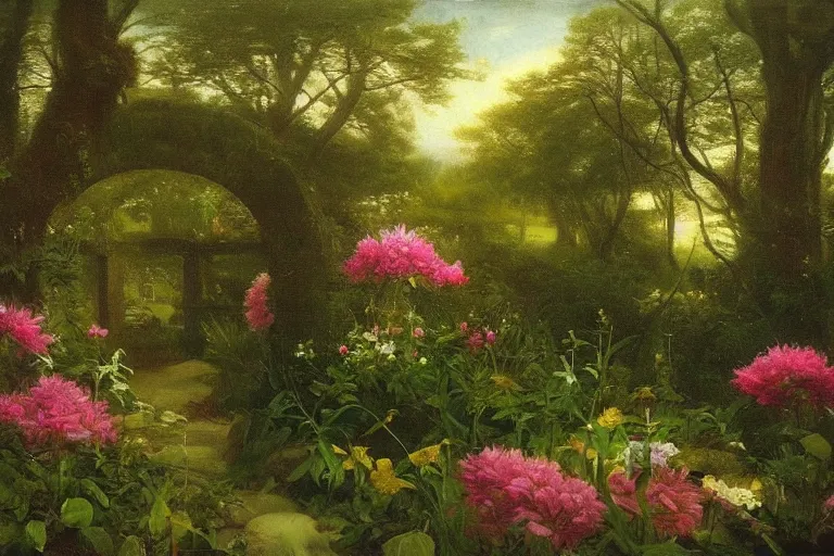 Image similar to secret garden, lush, floral, botanical, romanticism, dreamy, atmospheric, summery, hudson river school